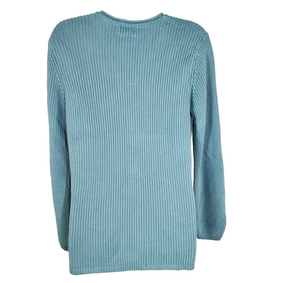 Chico’s Sweater Women’s Size 1 Medium Silk Blend V Neck Teal Cable Knit Preppy - Picture 2 of 8
